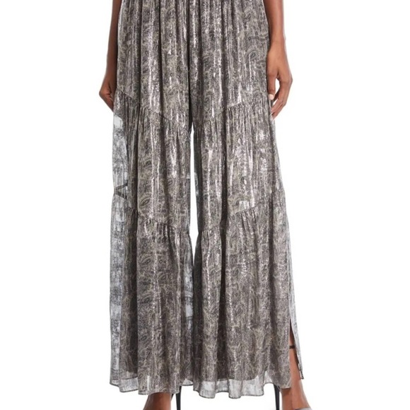 Kobi Halperin Isle Paisley Metallic Chiffon Tiered Wide Leg Pants Size Small - Picture 2 of 10
